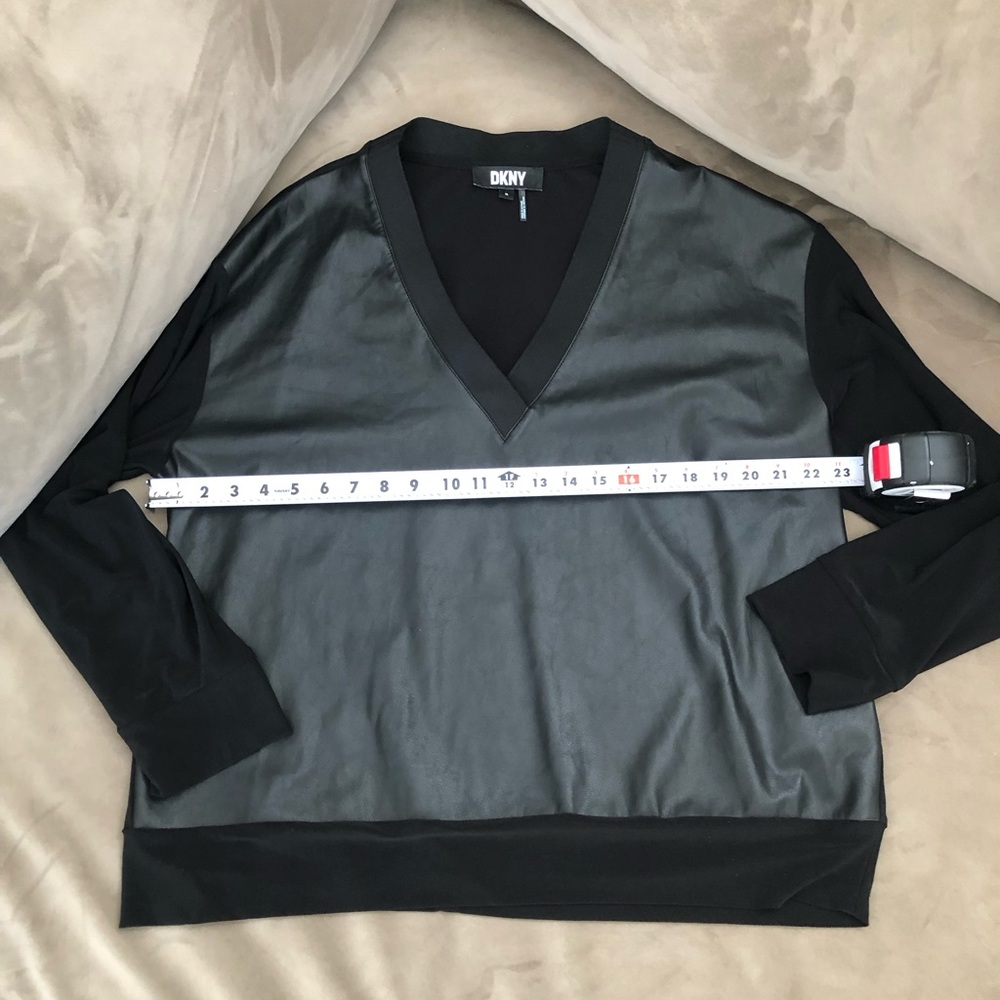 DKNY Black Faux Leather Front Top XL Long Sleeve V Neck Modern Minimalist Blouse